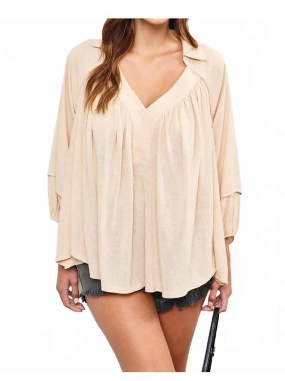 Mustard Seed NWT Boho Peasant Collared Top Tan Oversized Puff Sleeves Large‎